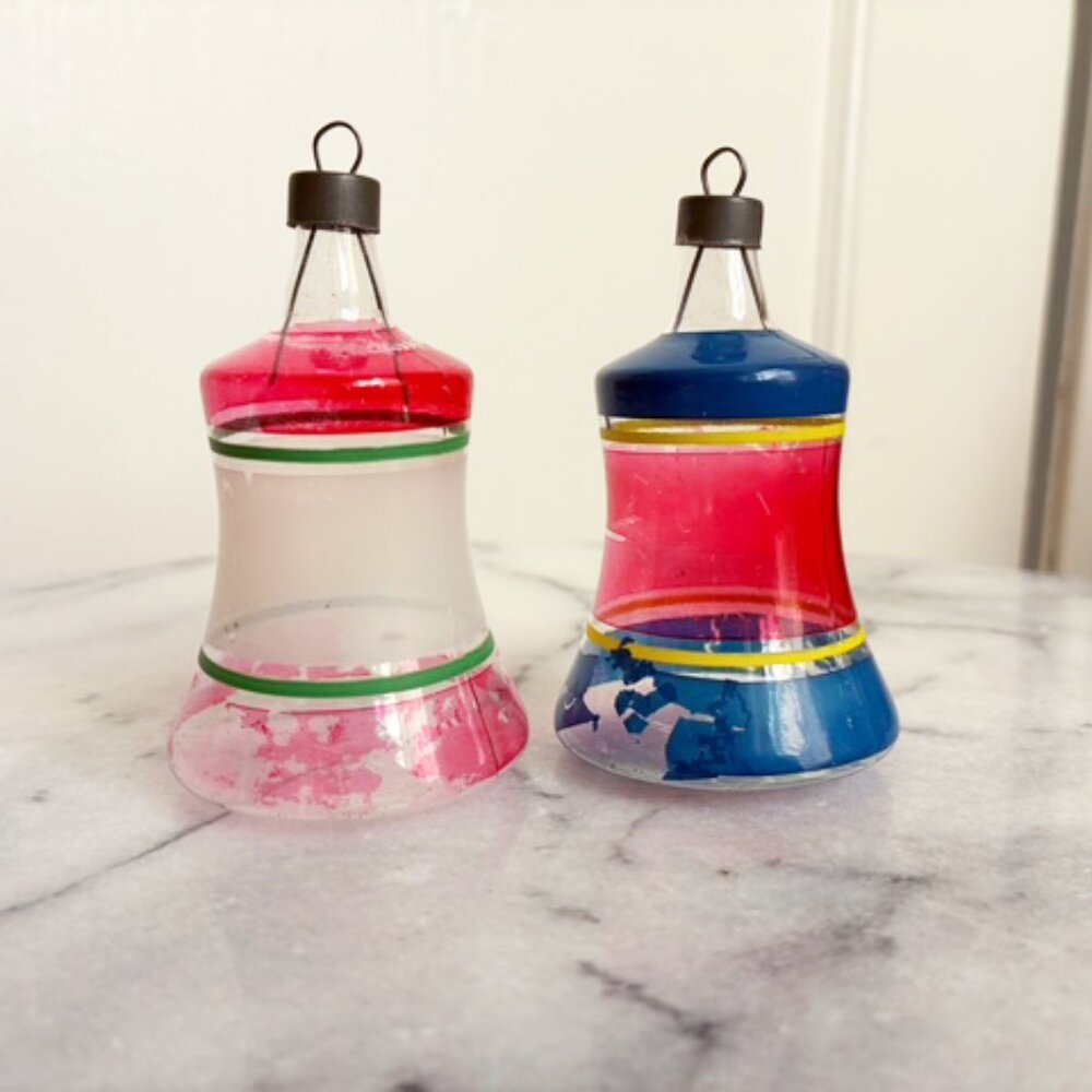 Vintage Premier Bell Unsilvered Ornaments Glass Pair Striped 2 Clear Red Blue